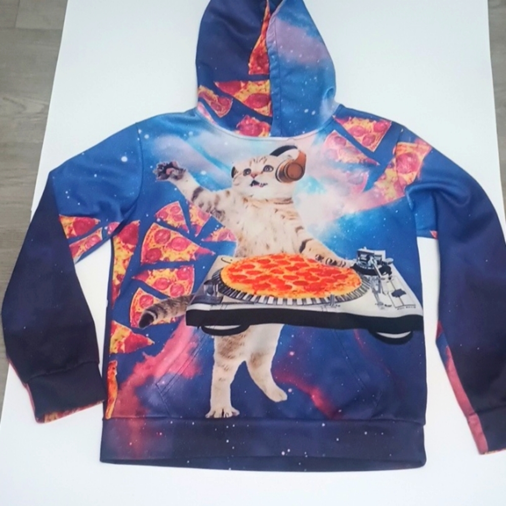 Cat DJ with pepperoni pizza